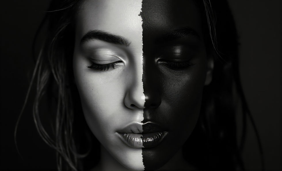 Black-and-white portrait of a face divided between light and dark skin tones, representing race, humanity, and the meanings society assigns to skin color.