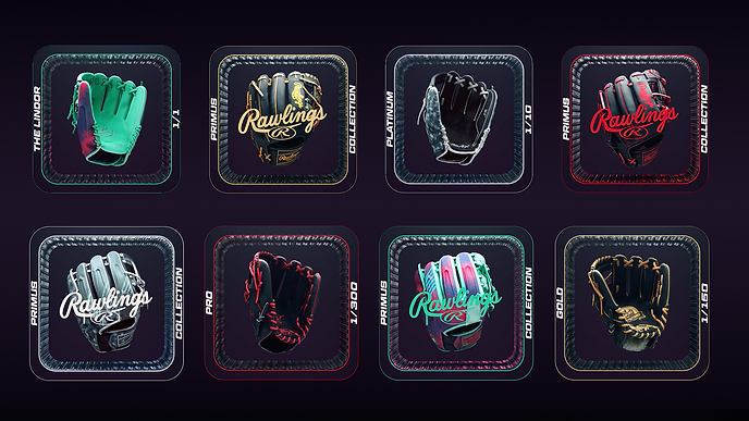 Digital NFTs for Rawlings NFT project on OpenSea. They are digital representations of physical baseball gloves created specifically for this unique marketing project.
