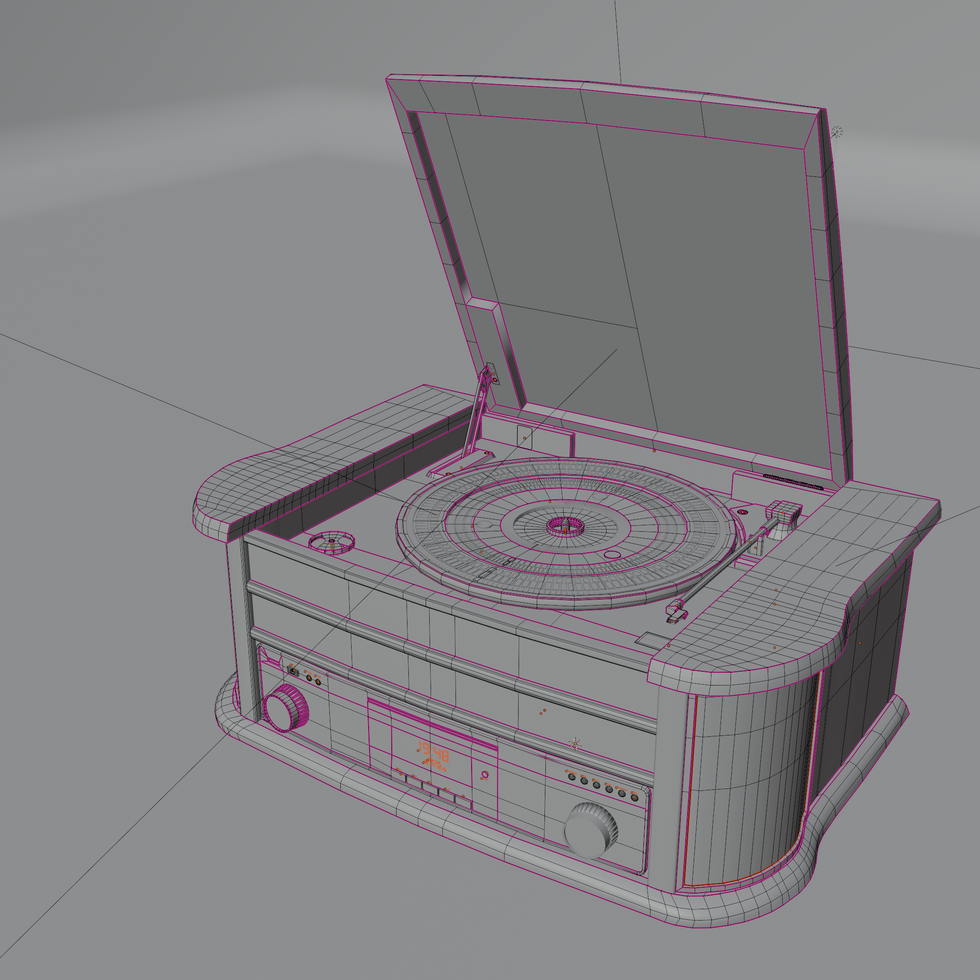 A 3d model of a Roadstar HIF 1993-bt radio with cd and record player. The model has multiple lines running across it, these are it's topology. It shows how complex a model is and how certain problems are tackled