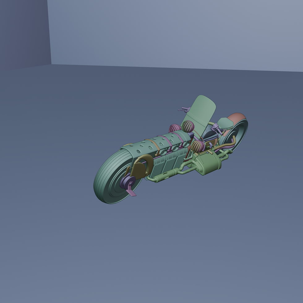 De concept foto van Julian Holm uitgewerkt in een 3d model. Elk onderdeel heeft een kleur dat het model makkelijker aantoont. Het zit op een blauwe vloer met blauwe muren.