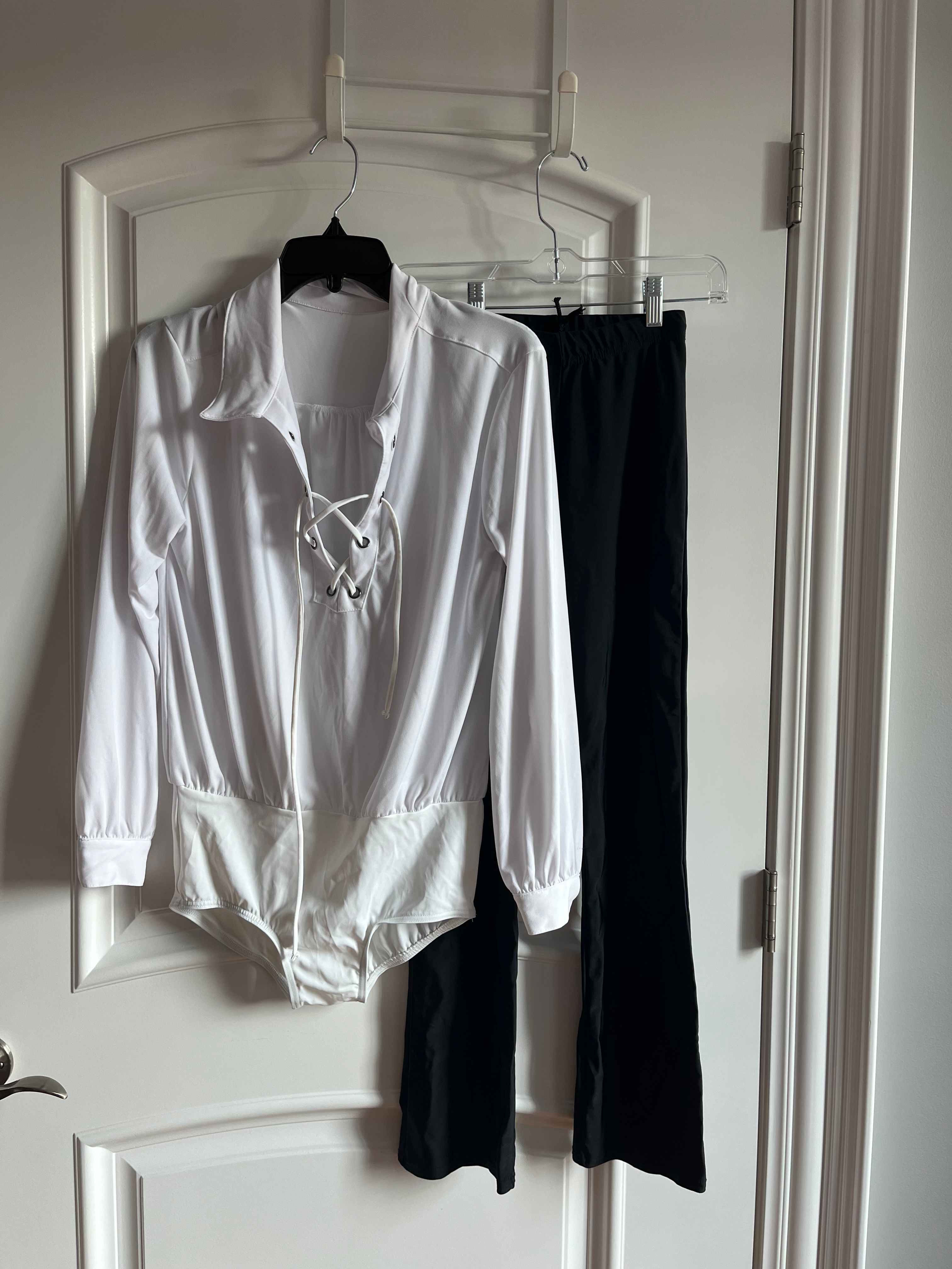White Long-Sleeve with Drawstring Neckline and Black Pants