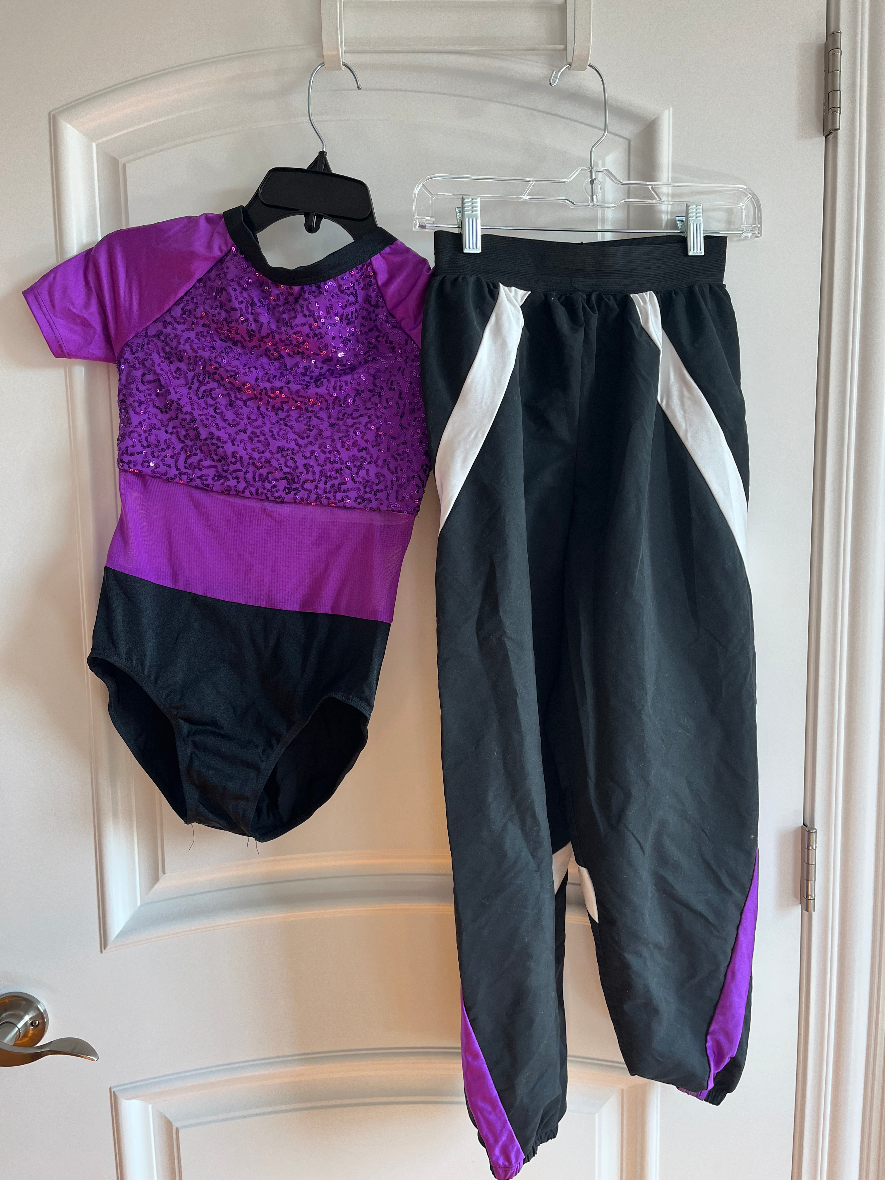 Purple Sparkly Leotard and Black Pants with White & Purple Stripe