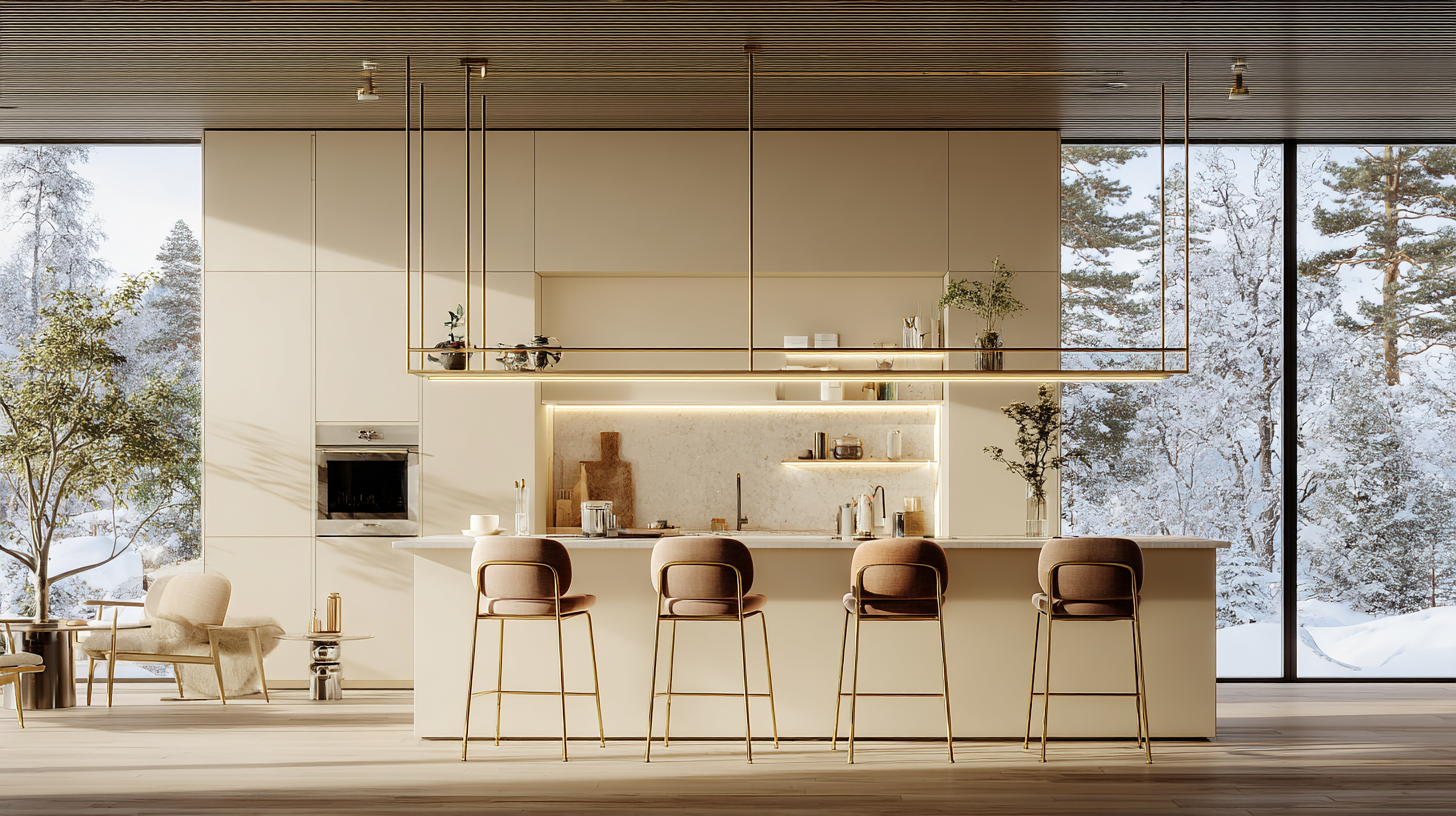 A cozy and stylish living room with bright blue and white traditional Greek island architecture visible through large windows. The interior features a modern orange and white sofa, elegant gold floor lamps, a wooden coffee table, and a bookshelf filled with books. Blue accents and Mediterranean elements create a warm, inviting atmosphere. This image was generated using ArchiVinci AI.