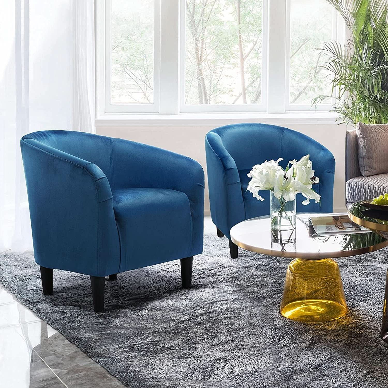 Pagoda Blue Velvet Club Chair With Curved Armrests