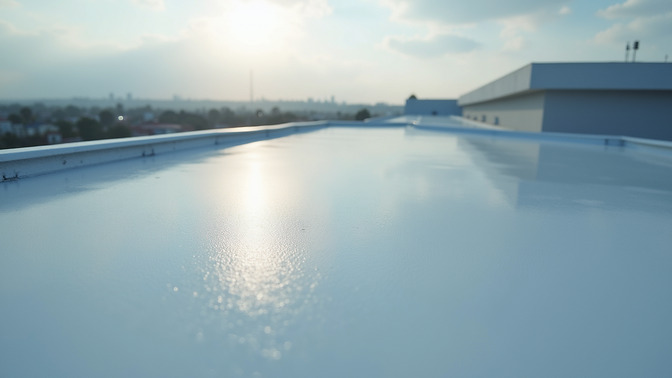 Close-up view of a roof surface coated with smooth, reflective polyurethane material