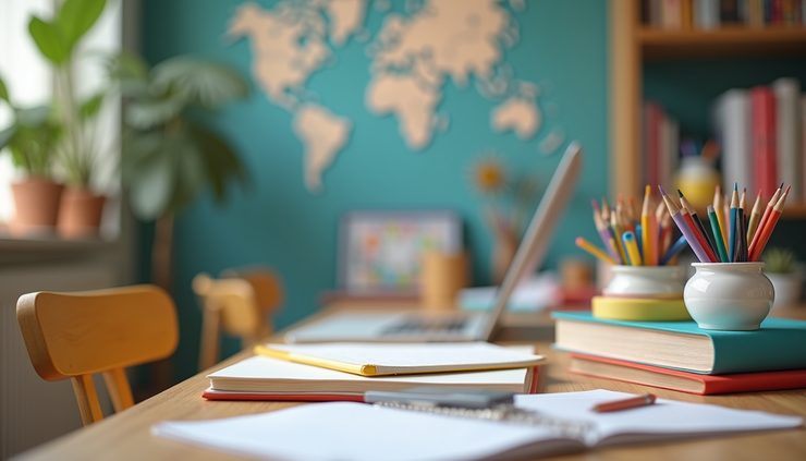 Vue rapprochée d’un bureau d’enfant organisé avec des outils éducatifs et des livres sur le TDAH