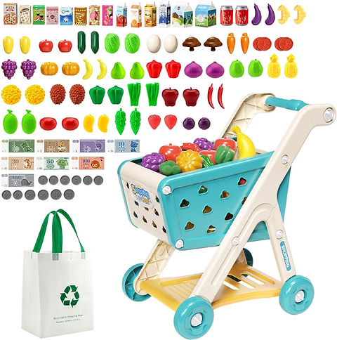 Kids Shopping Cart Trolley Play Set with Pretend Food and