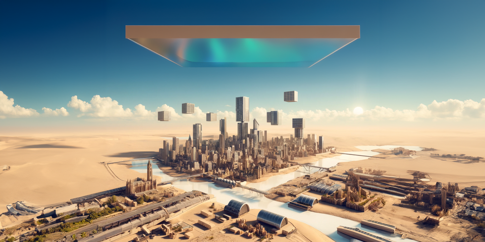 DALL·E 2024-04-22 15.15.50 - A skyline view of a futuristic city with more sand, rectangular floating skyscrapers, and white water running through it. The cityscape features a mix
