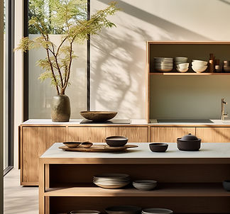 Cuisine moderne aux comptoirs en bois et aux étagères ouvertes. Jfp Renovation