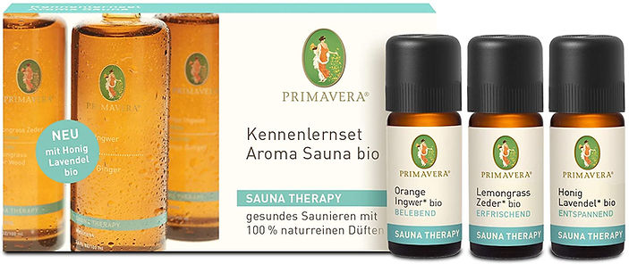 PRIMAVERA Kennenlernset Aroma Sauna bio 3 x 10 ml Geschenkbox - Orange Ingwer, Lemongrass