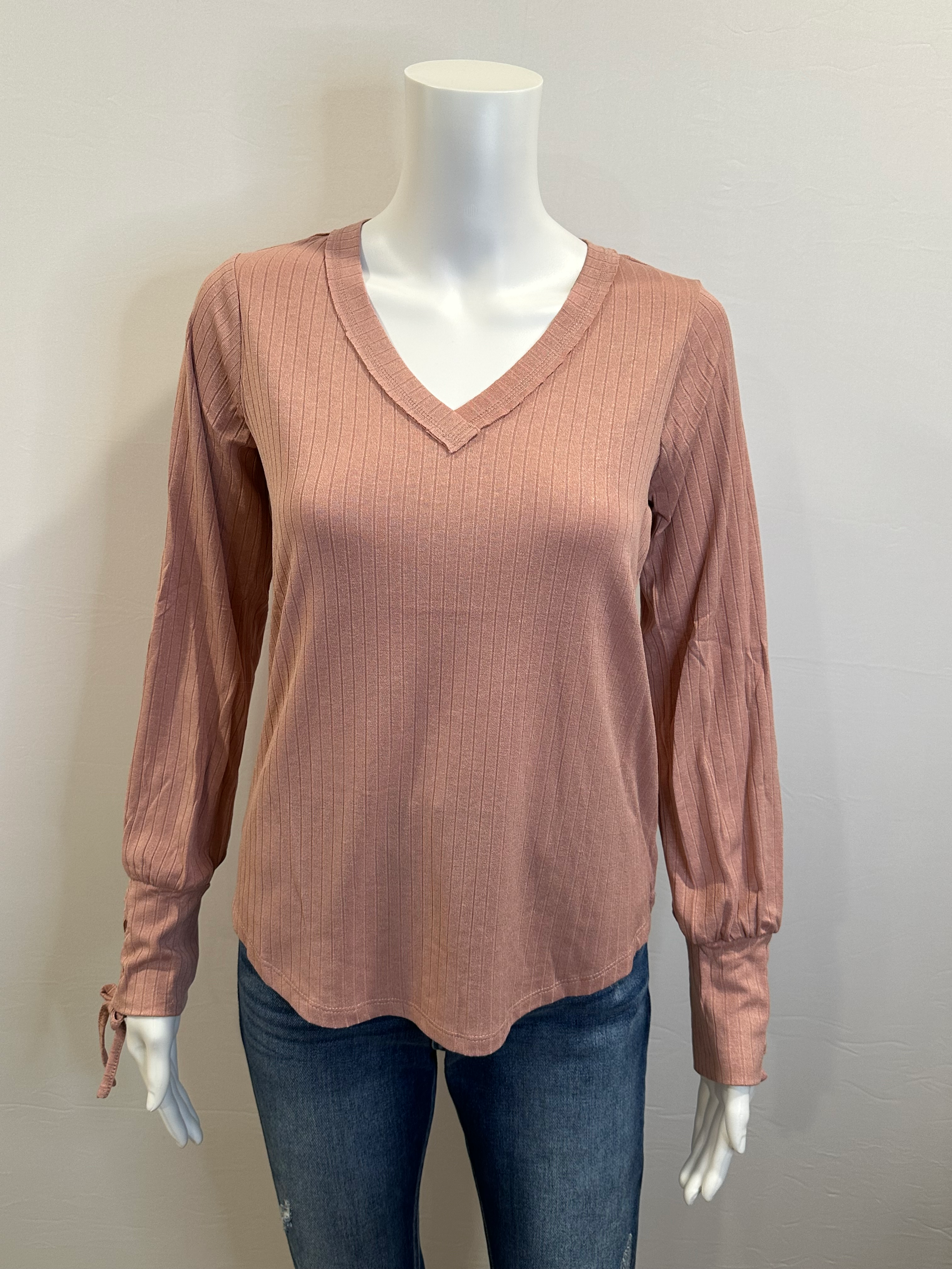 Cuff Lace Up V Neck Rib Knit Top