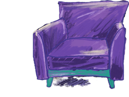 Purple armchair sketch with brush strokes on each side, purple back cushion, green legs, on a black background. Mysterious mood.