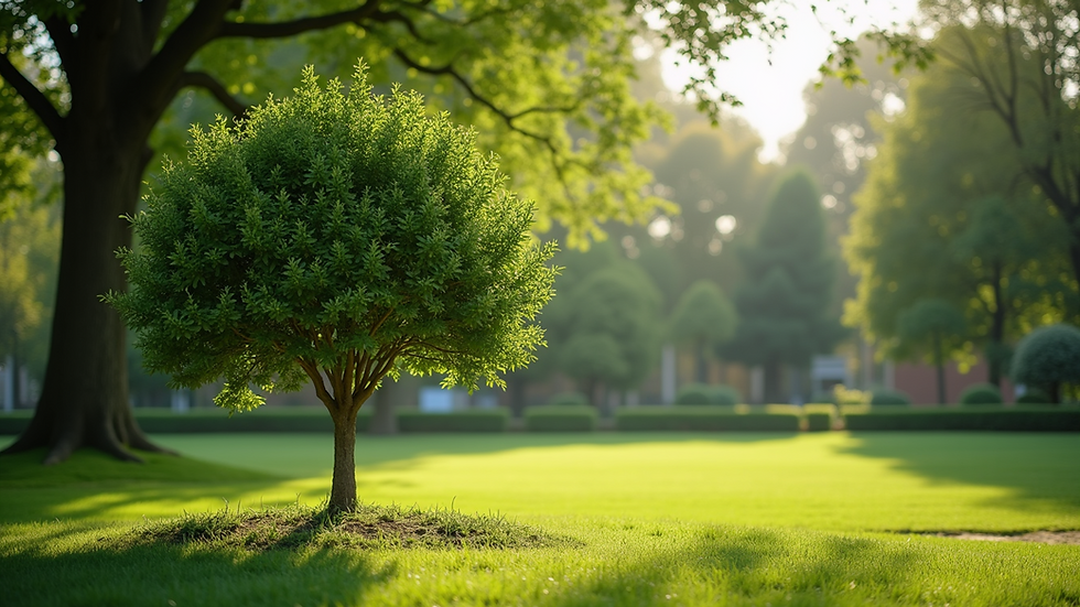Eye-level view of a well-maintained tree in a lush garden