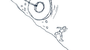CISO Journal doodle | Hand drawn wheel pinned to top of cliff with man running away.