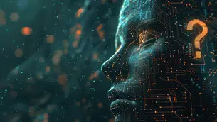 Representation of ethical AI dilemmas with holographic human face and circuits. AI ethics.