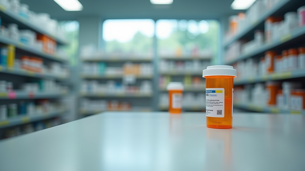 Eye-level view of a pharmacy counter with prescription medication bottles