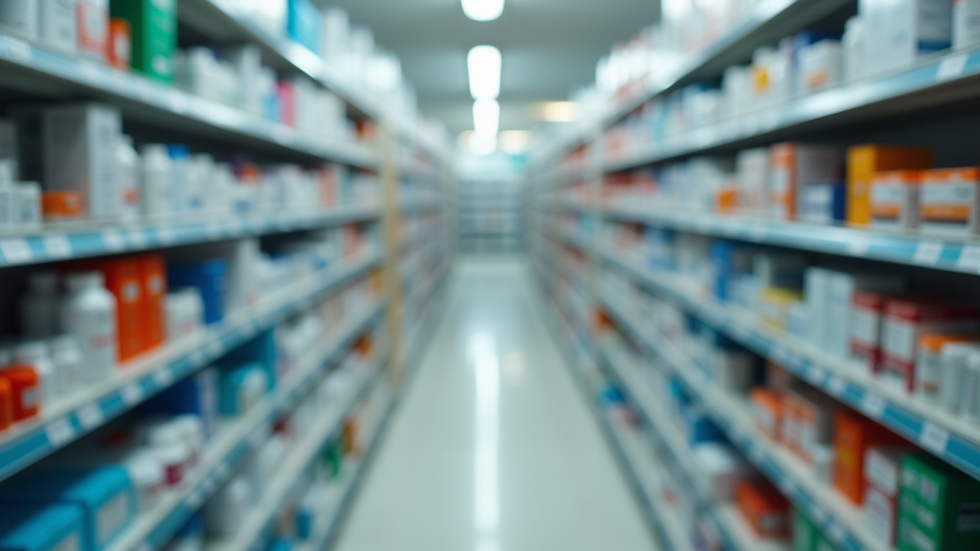 Eye-level view of a pharmacy shelf with various generic medications