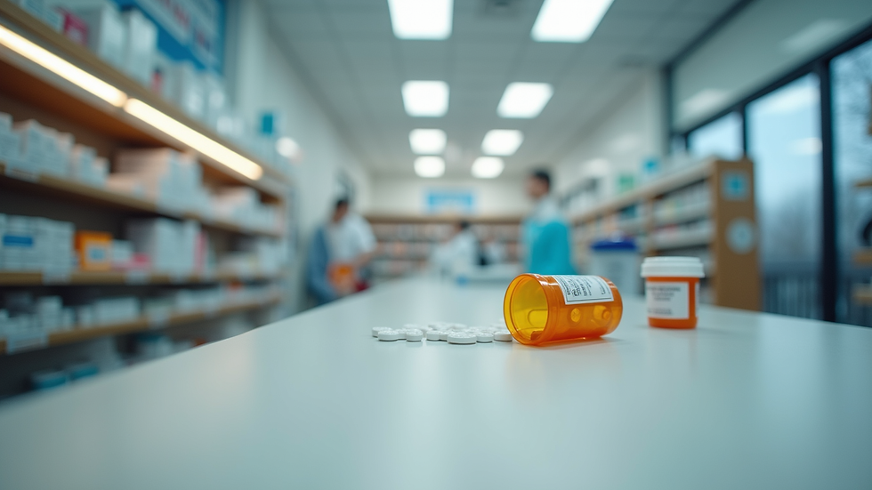 Eye-level view of a pharmacy counter with prescription medications