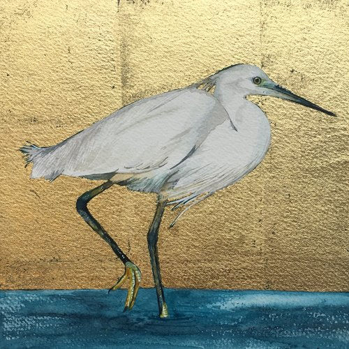 Little Egret - Watercolour with gold leaf
