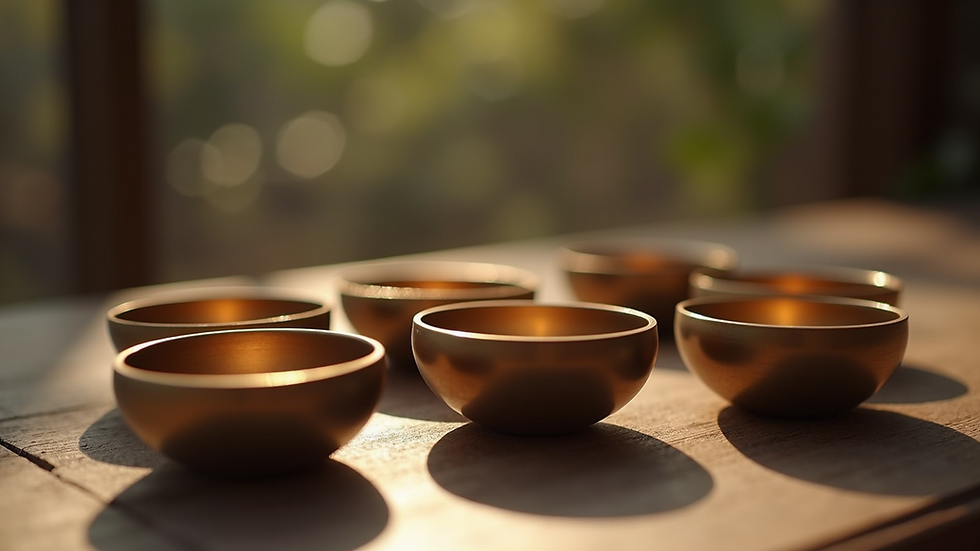 Close-up view of a set of chakra singing bowls arranged in a circle
