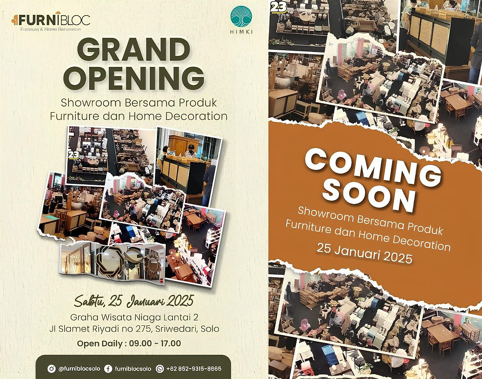 FurniBloc di Kota Solo mempersembahkan showroom mebel berkelas dengan kualitas ekspor, desain unik, dan hasil karya dari Industri Kecil Menengah (IKM) di wilayah Solo RayaFurniBloc di Kota Solo mempersembahkan showroom mebel berkelas dengan kualitas ekspor, desain unik, dan hasil karya dari Industri Kecil Menengah (IKM) di wilayah Solo Raya