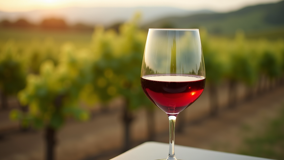 Close-up view of a wine glass with vineyard background
