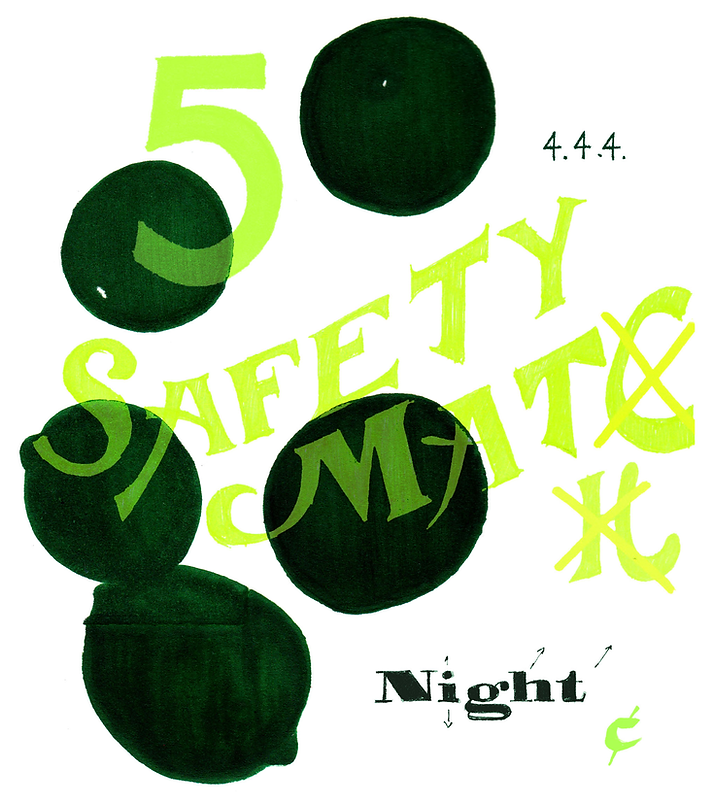 Drawings of five dark green limes, dropping midair with lime text overlay reading, '5 Safety Match'; Smaller dark green text reads '444' in top right corner and 'Night' with arrows directing out from the letters