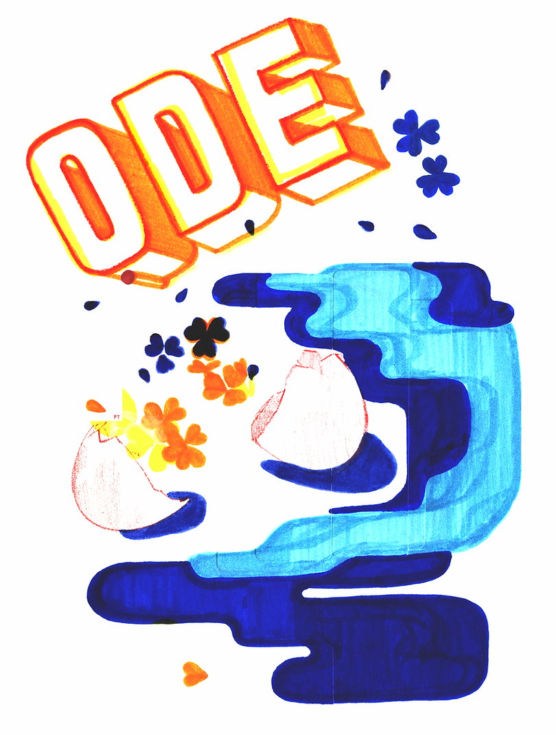 'ODE' in 3D bolded lettering at top left, with accents of clovers midair, over/springing from a cracked egg next to a large curvy blue blob shape, all drawn in marker and colored pencil