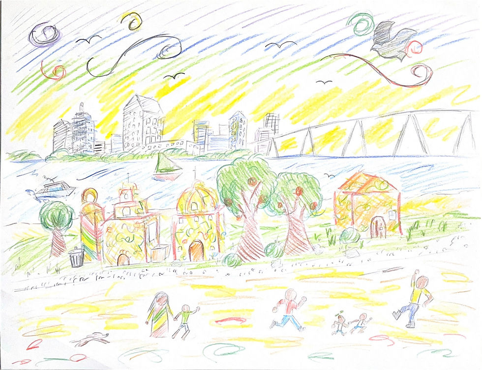 Color pencil artwork of San Diego's skyline and city landmarks, overlaid with colorful silhouettes of refugee figures filled with cultural patterns and textiles. The scene is bathed in warm pastels with people playing, birds flying, and swirls of color representing hope, unity, and the blending of diverse identities into the city’s landscape.