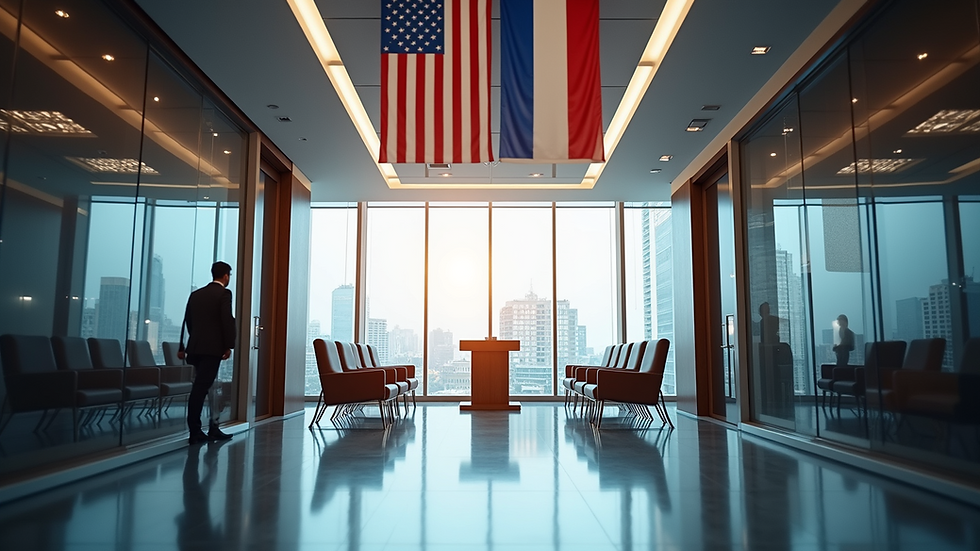 Eye-level view of a modern law office with international flags displayed