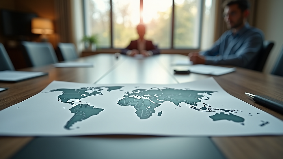 Eye-level view of a conference table with legal documents and a world map