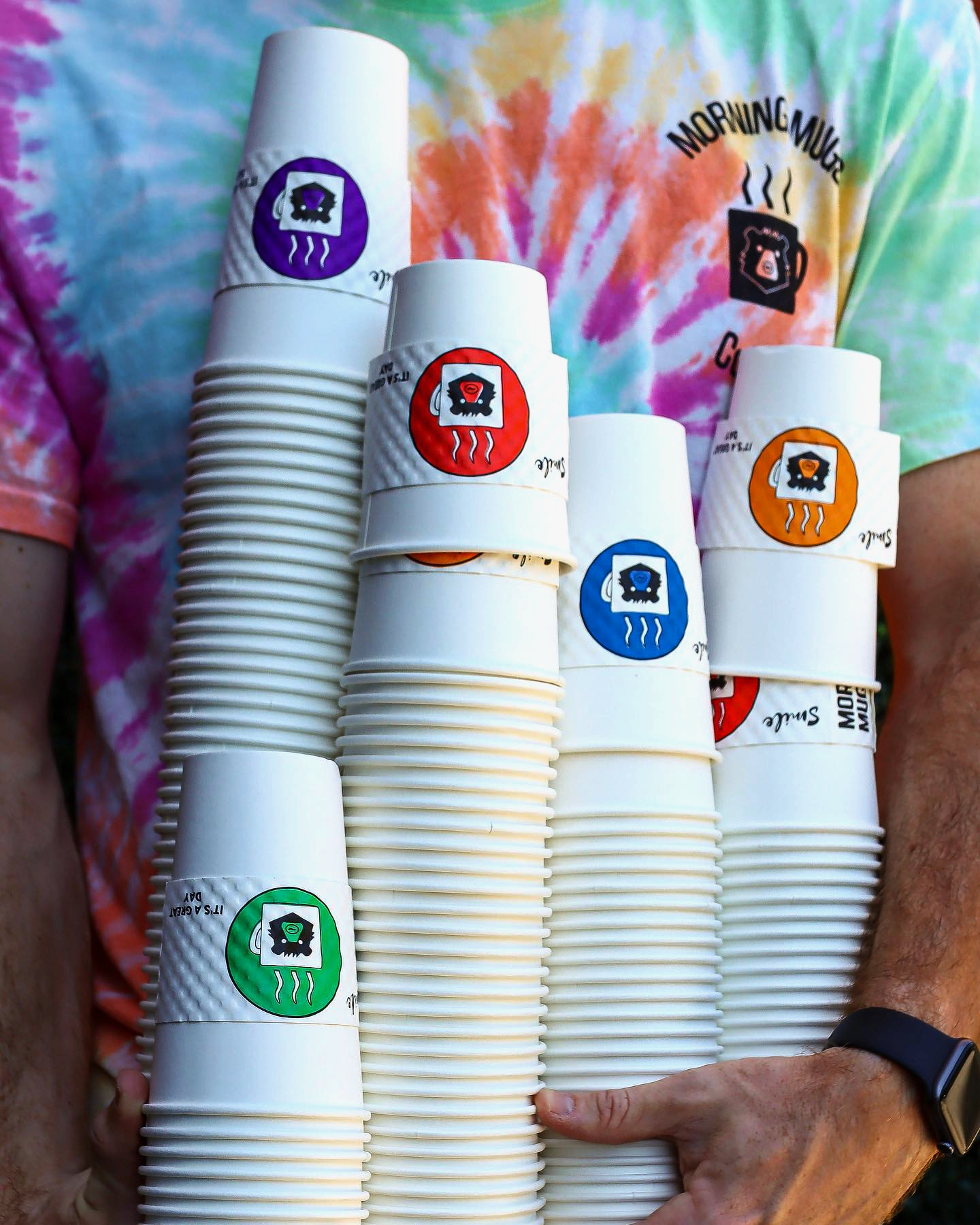 Morning Mugs cups with colorful sleeves