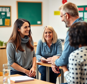 a teacher meeting with a mum and dad in a friendly manor in a classroom setting .jpg