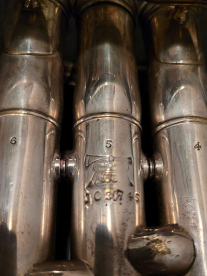 Boosey & Co. N.V.A. Silbron Cornet (1927) valve block stamp and serial