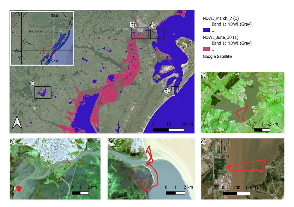 Figure 4: The flooding event has impacted the whole state of Rio Grande do Sul (upper left) with the inundation area shown in pink. a) to d) depicts the areas with UAV data acquisition (red lines), the intention was to measure different water types, including a massive sediment plume that came downstream as shown in c).