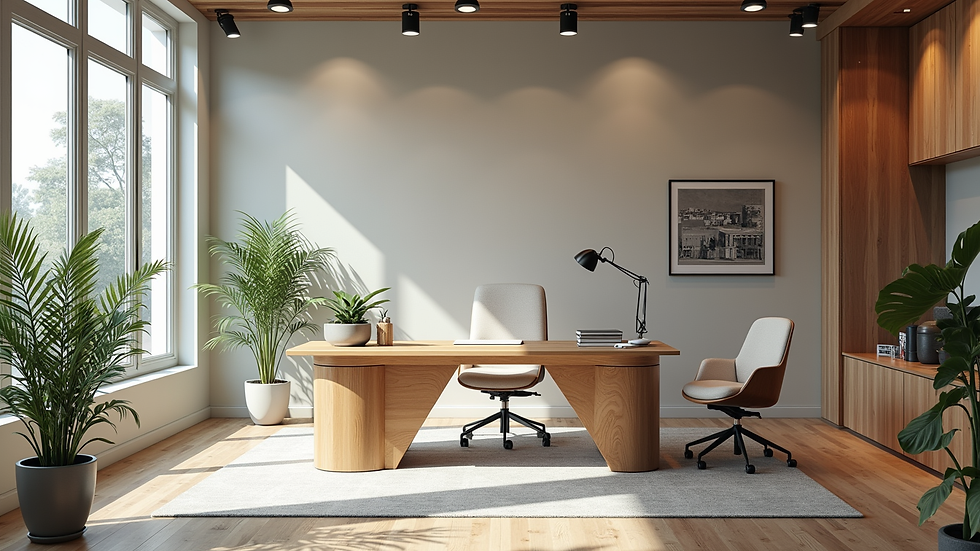 Vue à hauteur d’œil d’un bureau aménagé avec mobilier modulable et décoration naturelle