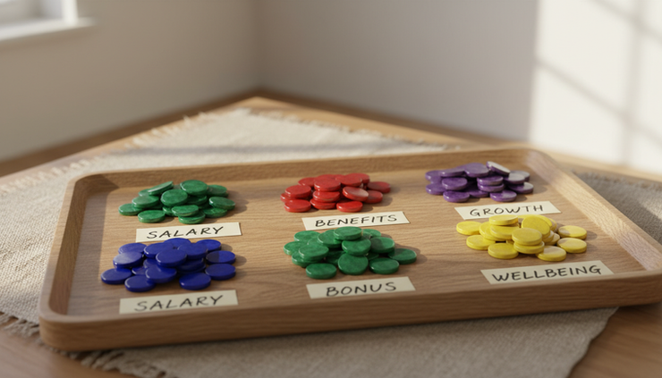 Close-up view of colored tokens sorted into clear groups on a wooden tray.