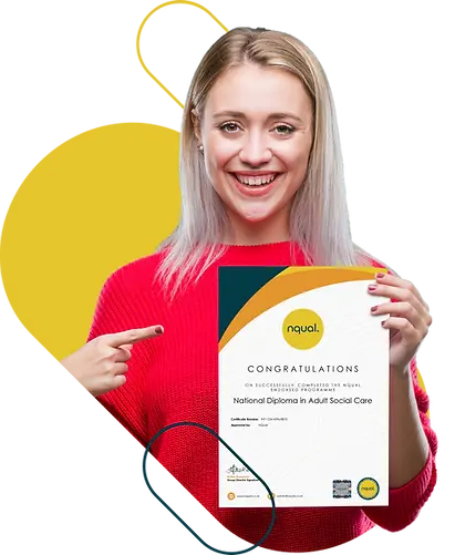 Female student smiling holding NQual certificate
