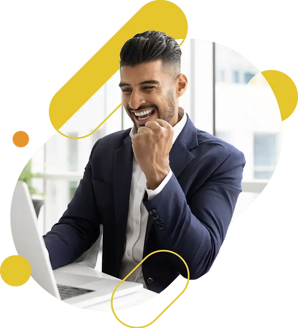 male asian business professional smiling due to success