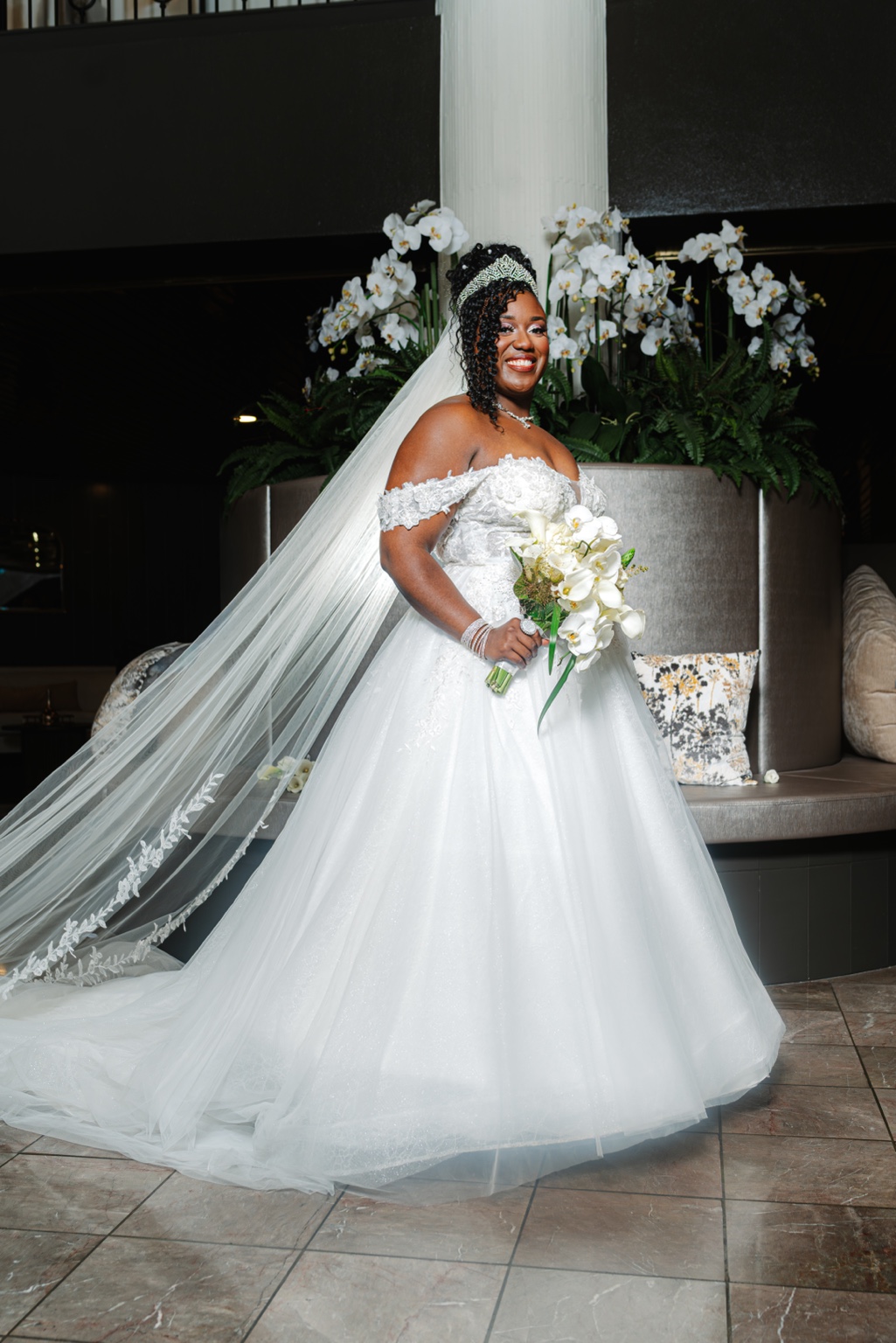 Ramarra in her lace gown and long veil at Laurel Manor.