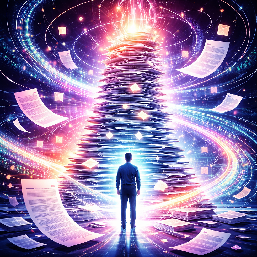 Abstract futuristic illustration of a person facing a glowing tower of documents and flowing data streams.