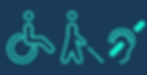 stick figures representing different accessibility needs: person in a wheelchair, person with a white cane, crossed-out ear