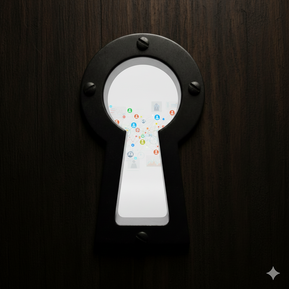 Schlüsselloch in dunkler Oberfläche, das den Blick auf ein abstraktes, farbiges UX-Research-Interface freigibt.