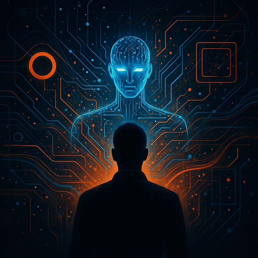 Futuristic illustration: Human facing a glowing humanoid AI against a digital backdrop.