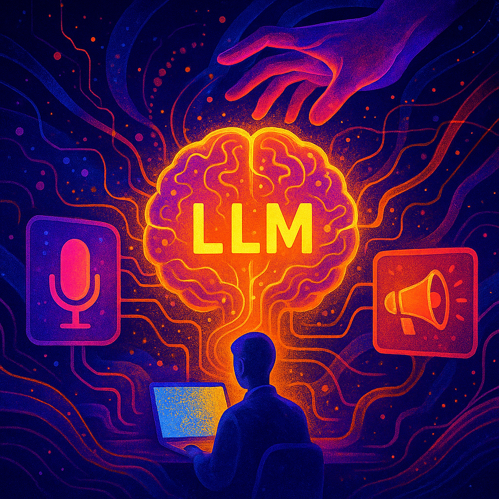 Surreale, leuchtende Illustration eines KI-Sprachmodells als Gehirn, das von einer Hand beeinflusst wird – symbolisiert Manipulation durch externe Kräfte.
