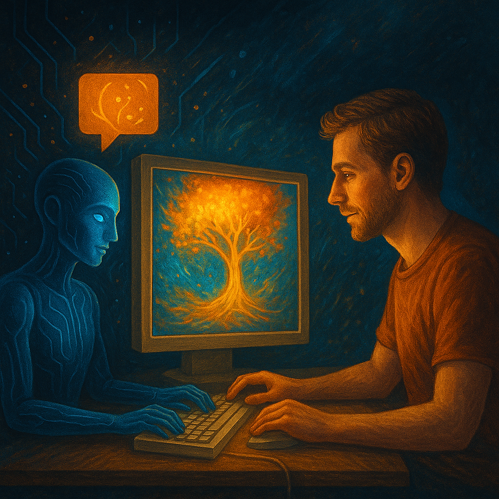 Human and AI co-create a glowing tree on the screen, set against a dark, surreal background.