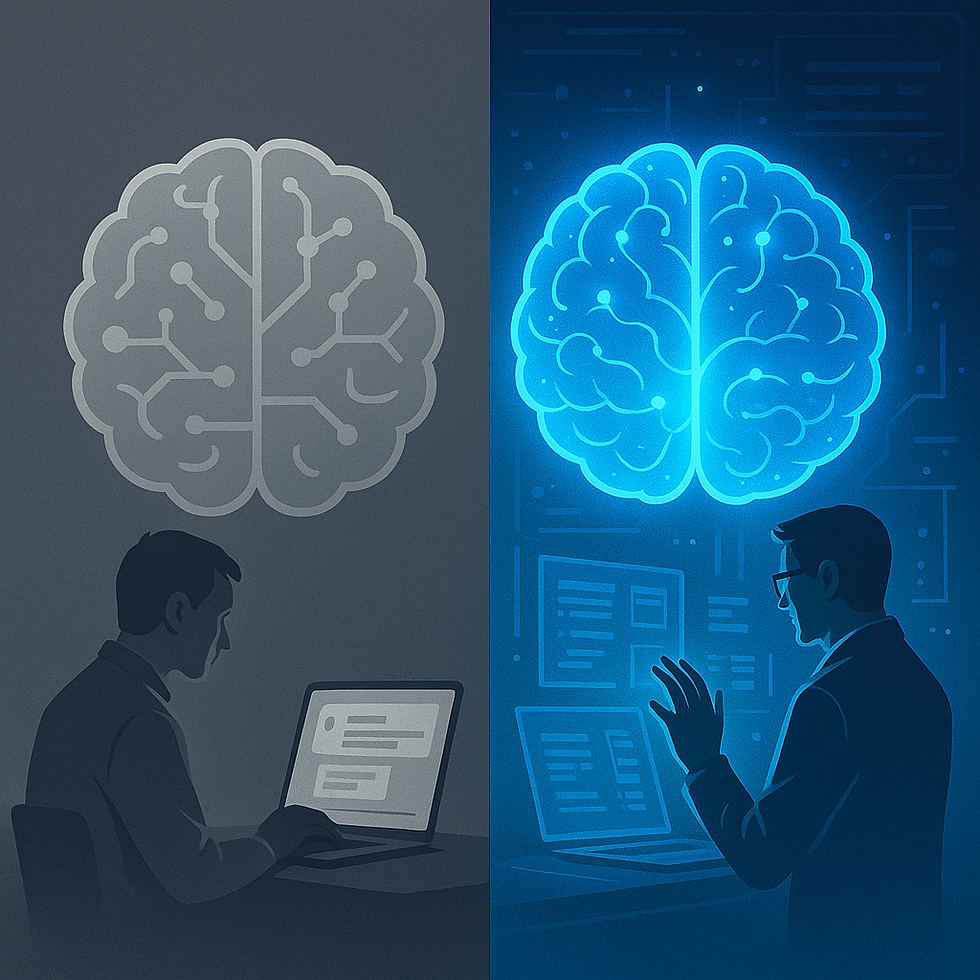 Square motif divided in the middle: on the left, a grey, stylised brain above a seated person working on a laptop in dark grey tones; on the right, a bright blue, networked brain above a standing person in front of a holographic interface on a dark background.
