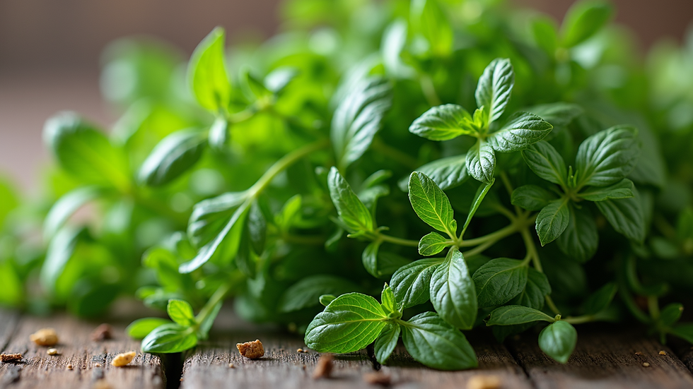 Eye-level view of a vibrant bunch of fresh herbs, symbolizing health and wellness