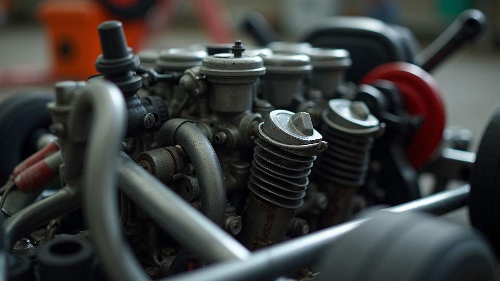 Close-up view of a go-kart engine with tools nearby