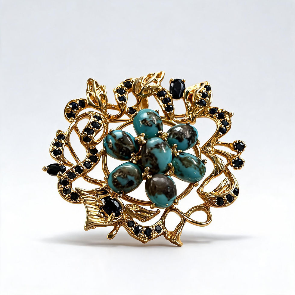 Thumbnail: Victorian Revival 18K Gold Vermeil Turquoise & Sapphire Statement Brooch-Pendant